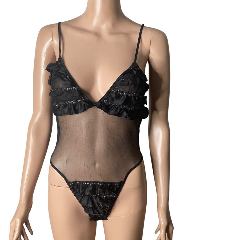 Vintage Darling Body Fashions Bodysuit Womens Medium Ruffles Sheer Midriff